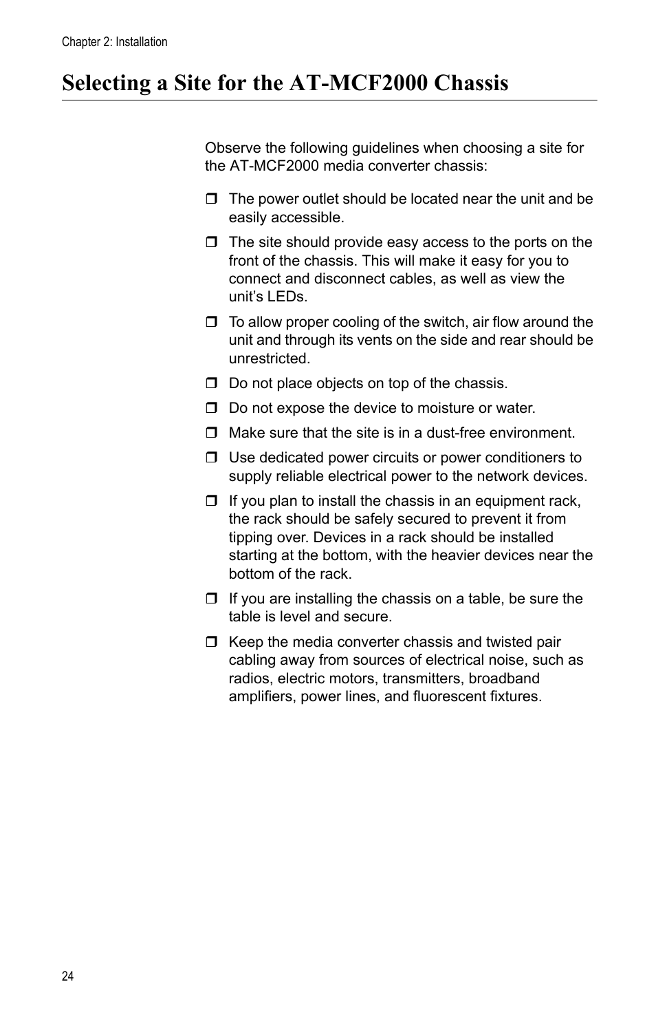 Selecting a site for the at-mcf2000 chassis | Allied Telesis AT-MCF2000 User Manual | Page 24 / 48