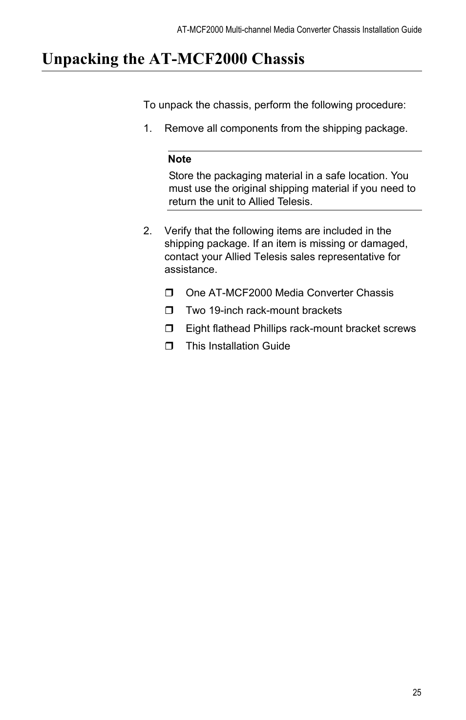 Unpacking the at-mcf2000 chassis | Allied Telesis AT-MCF2000 User Manual | Page 25 / 48