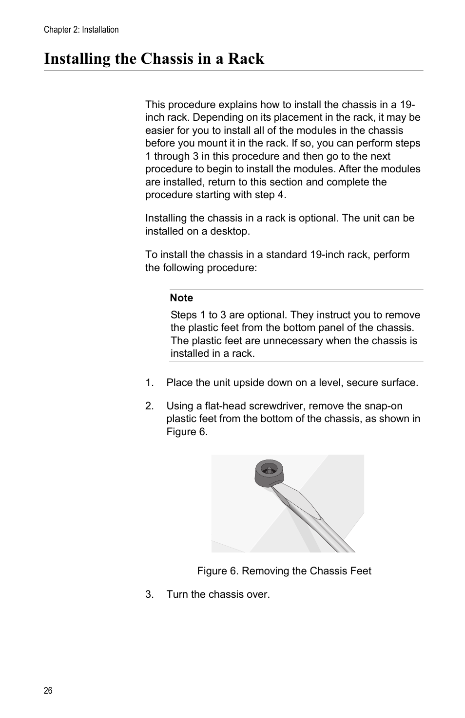 Installing the chassis in a rack, Figure 6: removing the chassis feet | Allied Telesis AT-MCF2000 User Manual | Page 26 / 48