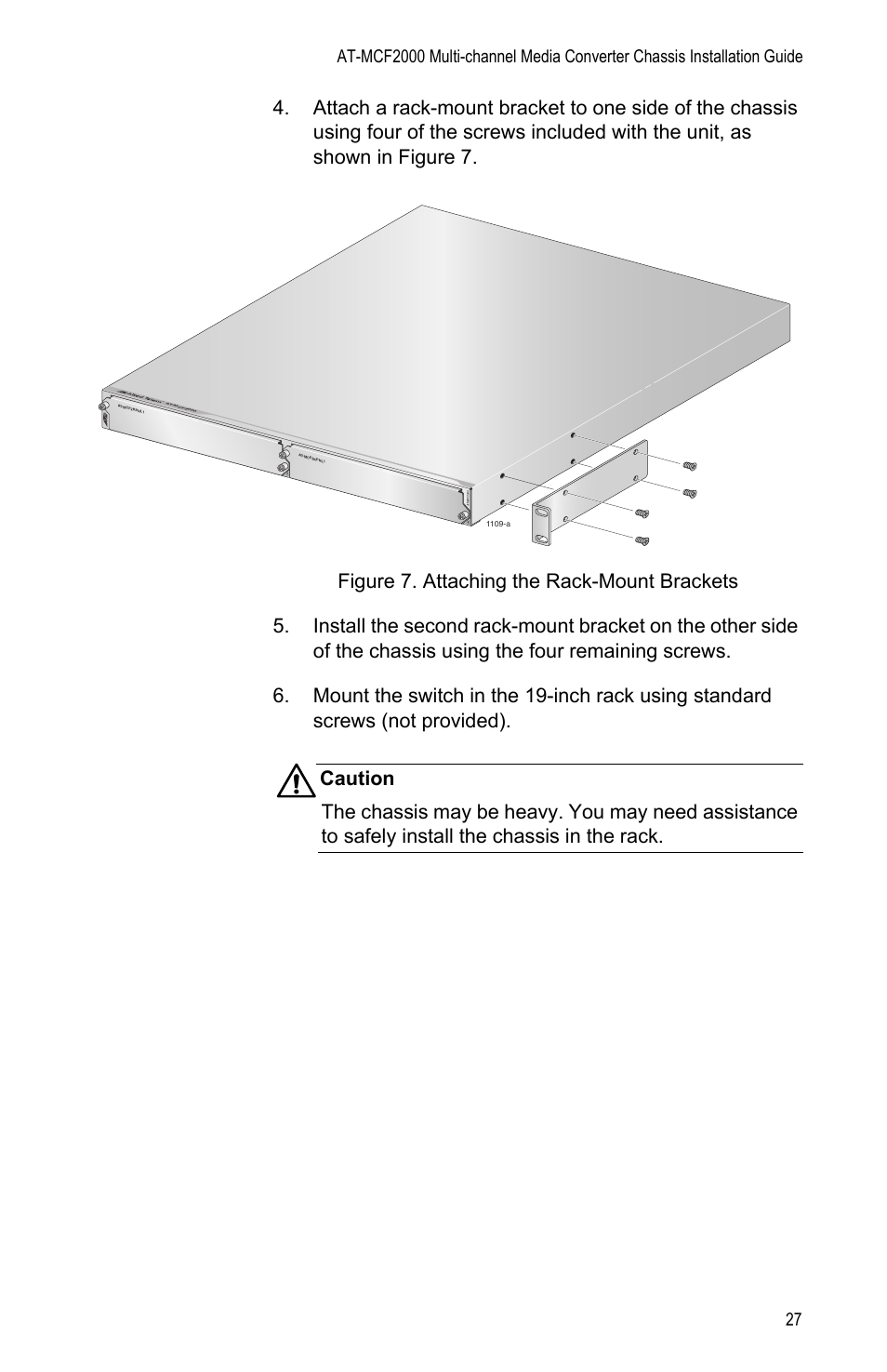 Figure 7: attaching the rack-mount brackets | Allied Telesis AT-MCF2000 User Manual | Page 27 / 48