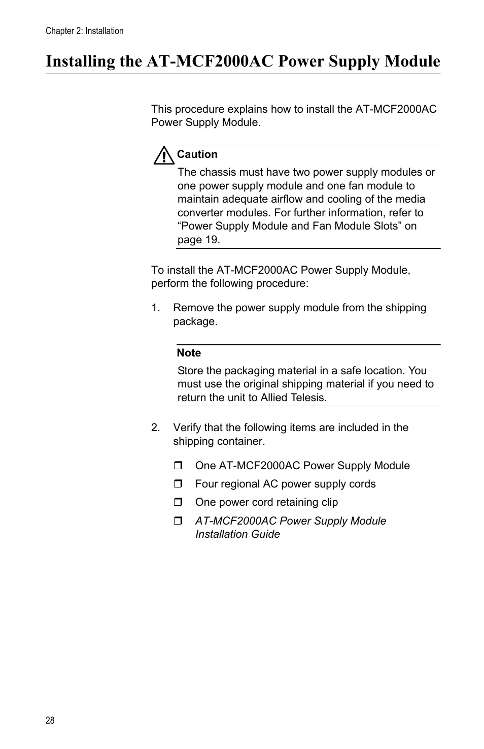 Installing the at-mcf2000ac power supply module | Allied Telesis AT-MCF2000 User Manual | Page 28 / 48