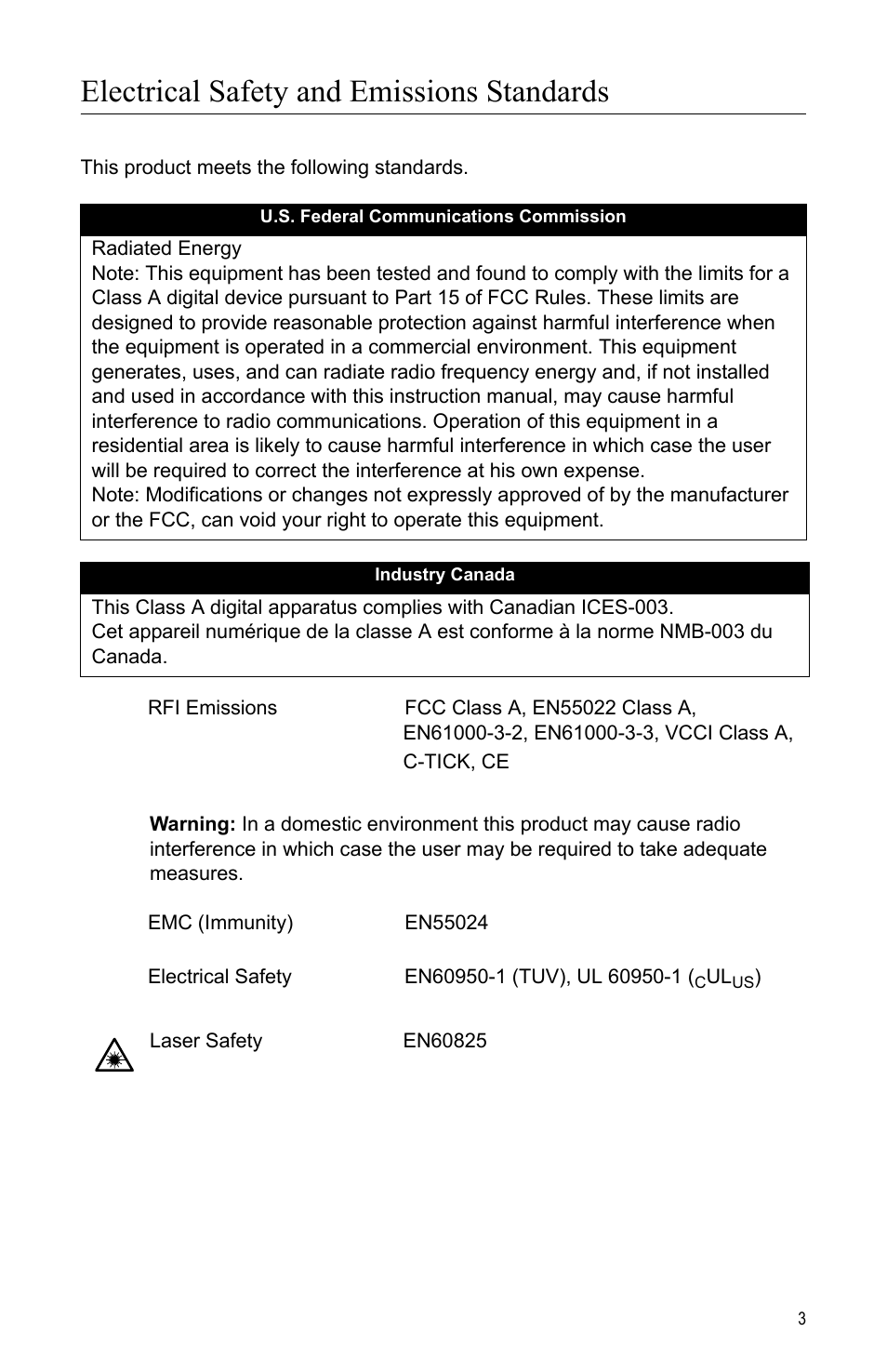 Electrical safety and emissions standards | Allied Telesis AT-MCF2000 User Manual | Page 3 / 48