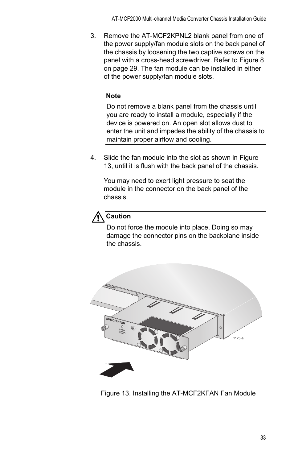 Figure 13: installing the at-mcf2kfan fan module | Allied Telesis AT-MCF2000 User Manual | Page 33 / 48