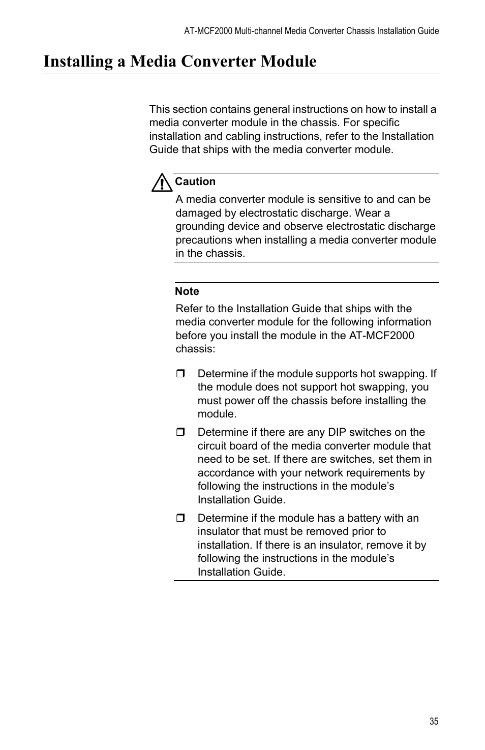 Installing a media converter module | Allied Telesis AT-MCF2000 User Manual | Page 35 / 48