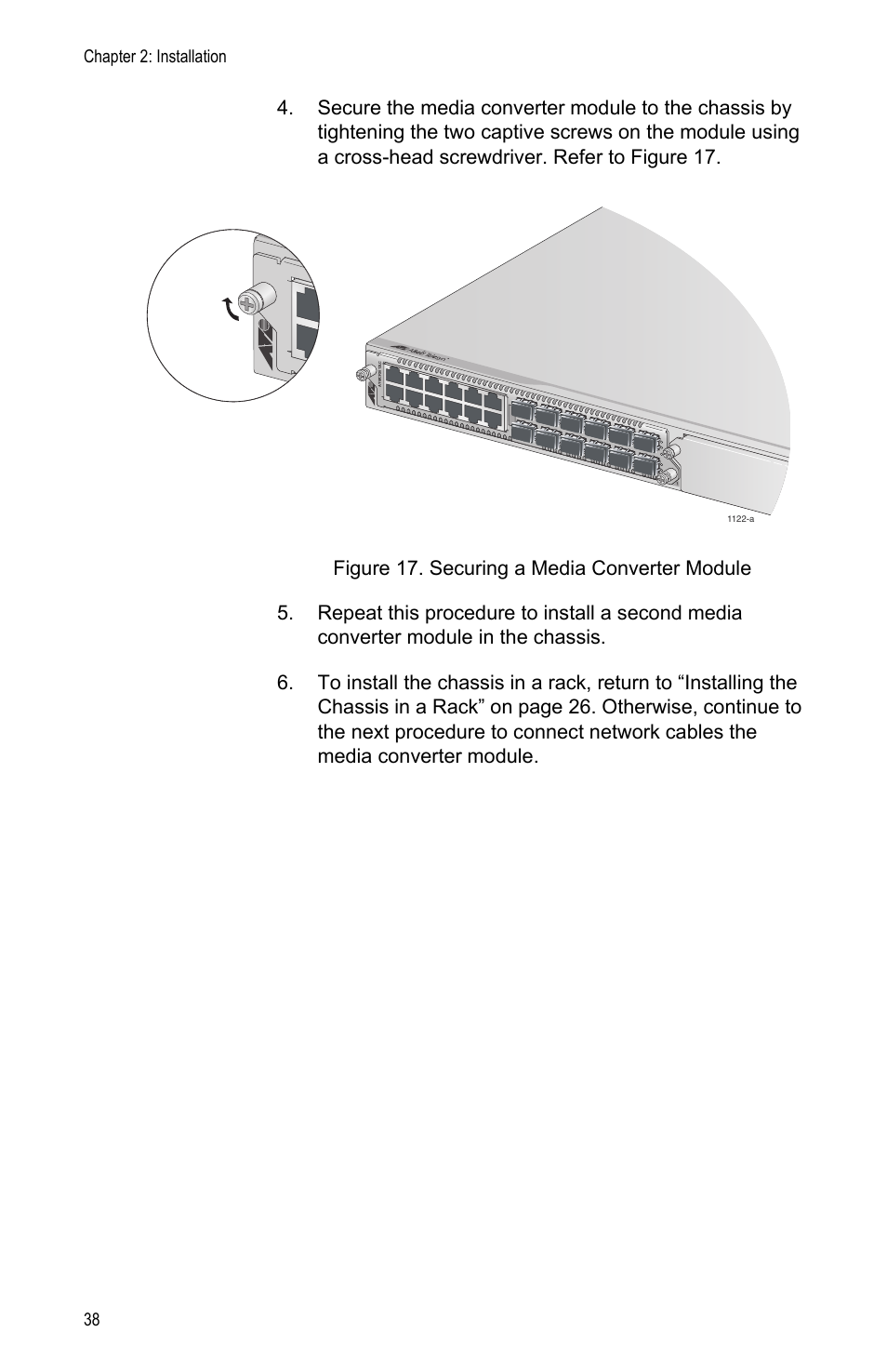 Figure 17: securing a media converter module, Chapter 2: installation 38 | Allied Telesis AT-MCF2000 User Manual | Page 38 / 48