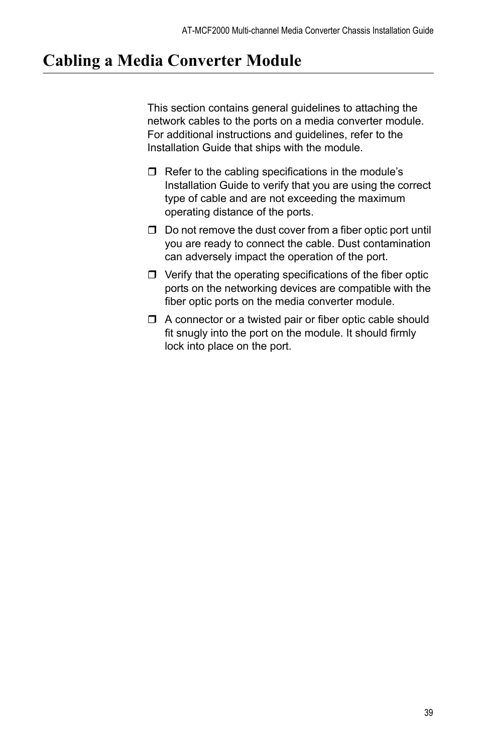 Cabling a media converter module | Allied Telesis AT-MCF2000 User Manual | Page 39 / 48