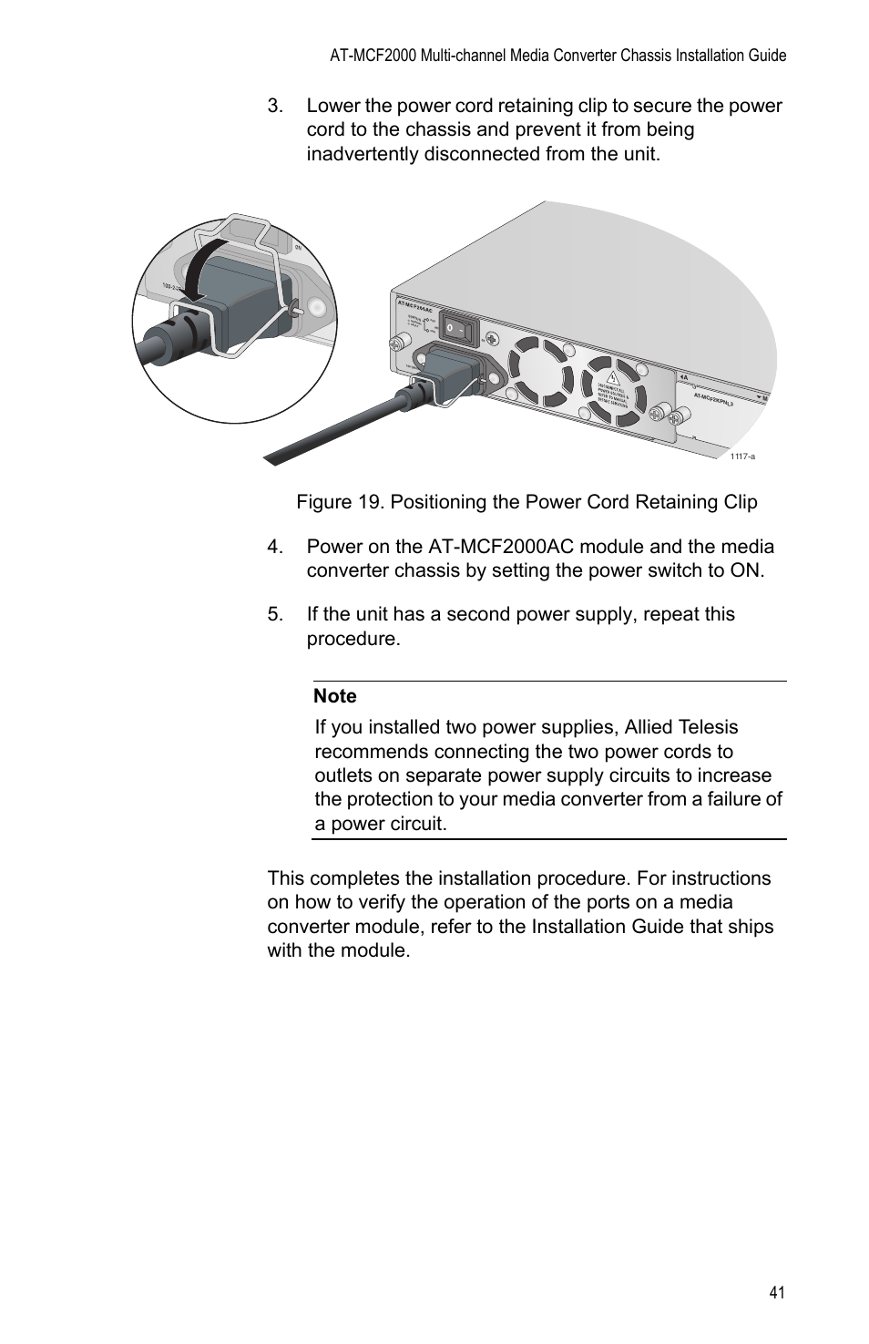 Positioning the power cord retaining clip | Allied Telesis AT-MCF2000 User Manual | Page 41 / 48