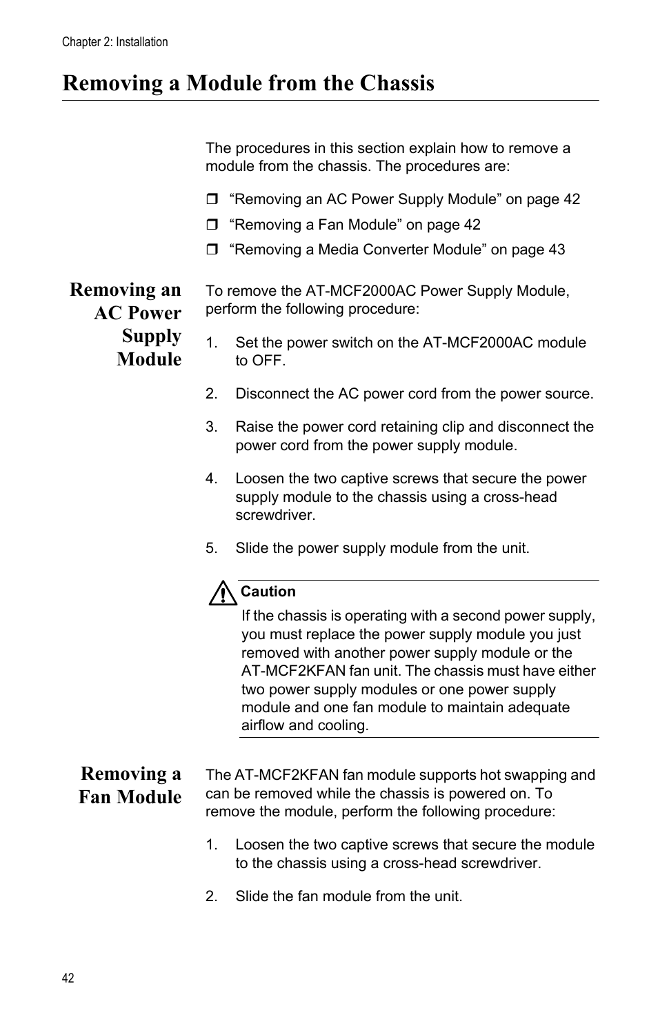 Removing a module from the chassis, Removing an ac power supply module, Removing a fan module | Allied Telesis AT-MCF2000 User Manual | Page 42 / 48