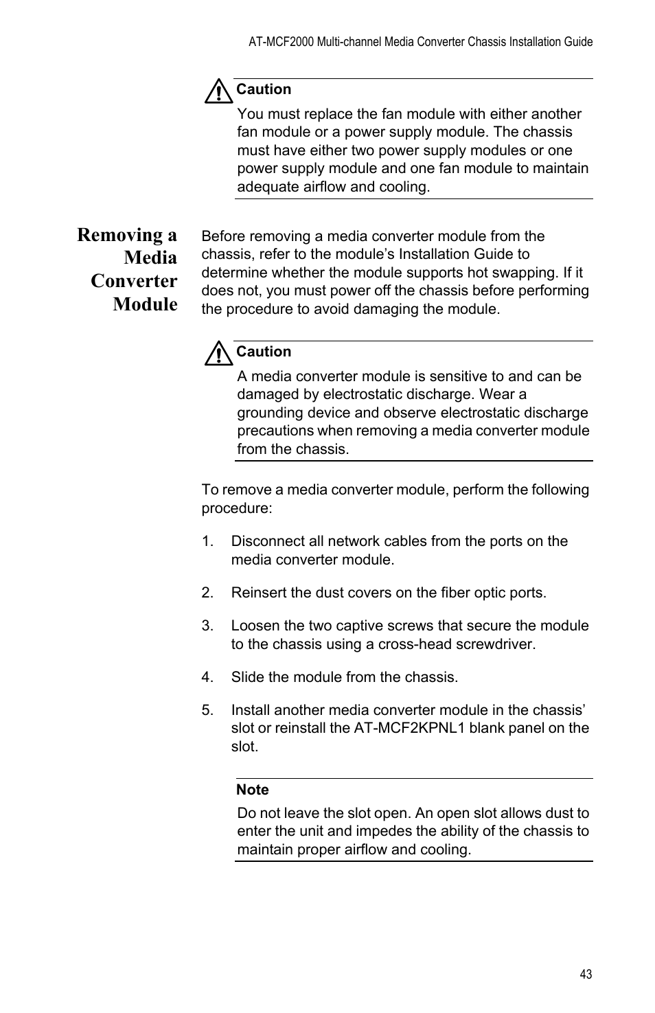 Removing a media converter module | Allied Telesis AT-MCF2000 User Manual | Page 43 / 48