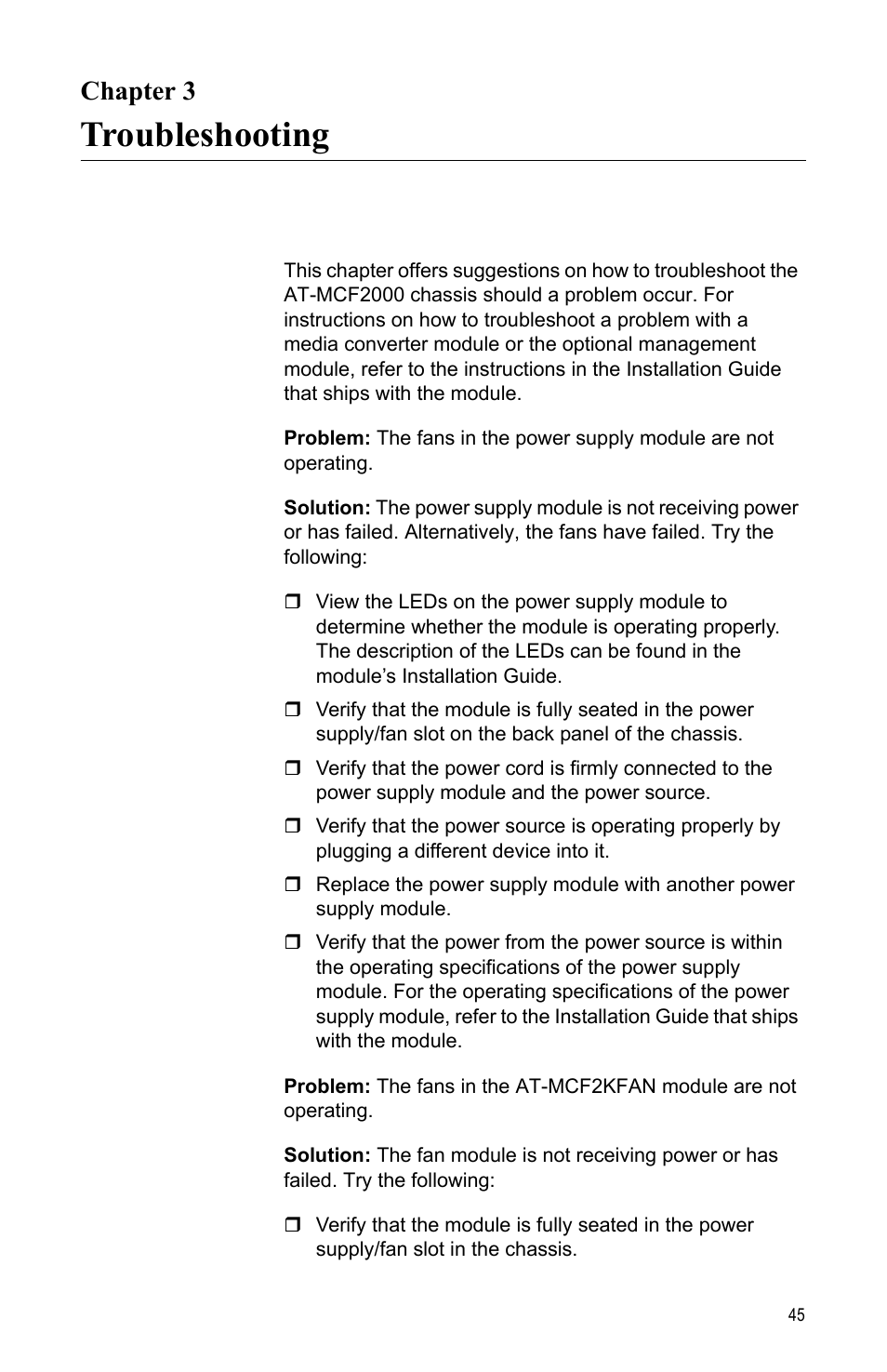 Chapter 3, Troubleshooting, Ter 3: troubleshooting | Allied Telesis AT-MCF2000 User Manual | Page 45 / 48