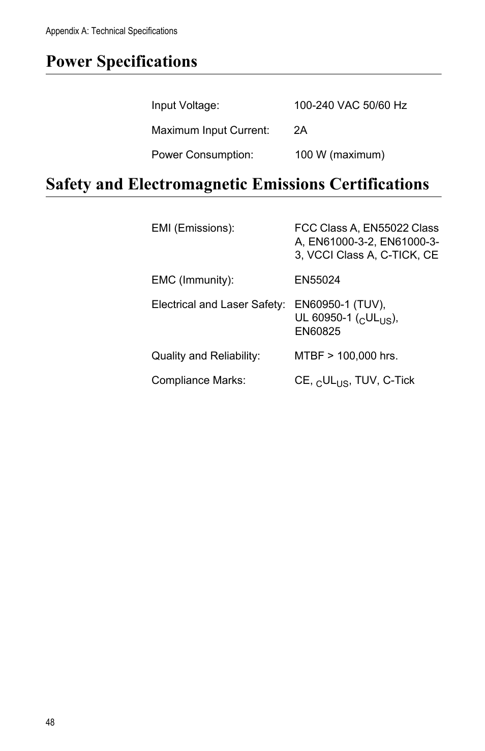 Power specifications | Allied Telesis AT-MCF2000 User Manual | Page 48 / 48