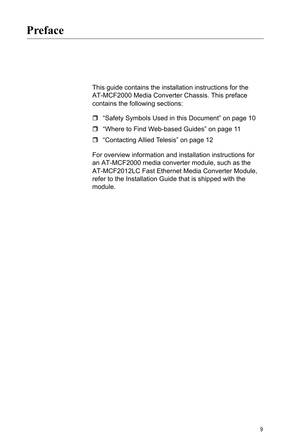 Preface | Allied Telesis AT-MCF2000 User Manual | Page 9 / 48