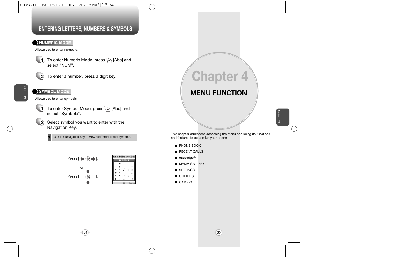Chapter 4, Menu function, Entering letters, numbers & symbols | Audiovox CDM-8910 User Manual | Page 18 / 69