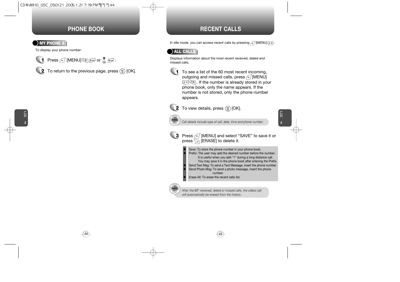 Phone book recent calls | Audiovox CDM-8910 User Manual | Page 23 / 69