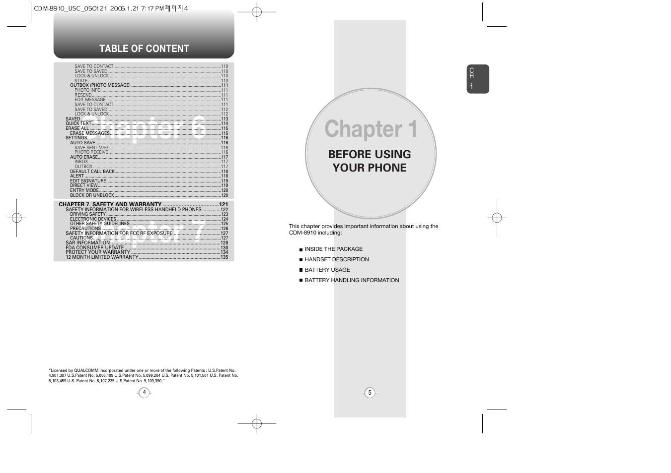 Chapter 6 chapter 7, Chapter 1, Before using your phone | Audiovox CDM-8910 User Manual | Page 3 / 69