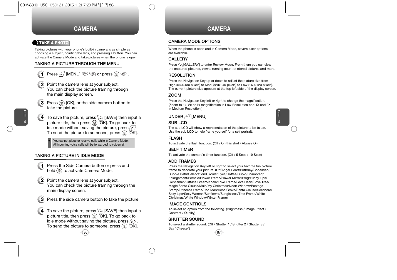 Camera | Audiovox CDM-8910 User Manual | Page 44 / 69