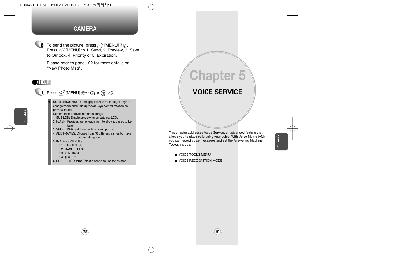 Chapter 5, Voice service, Camera | Audiovox CDM-8910 User Manual | Page 46 / 69