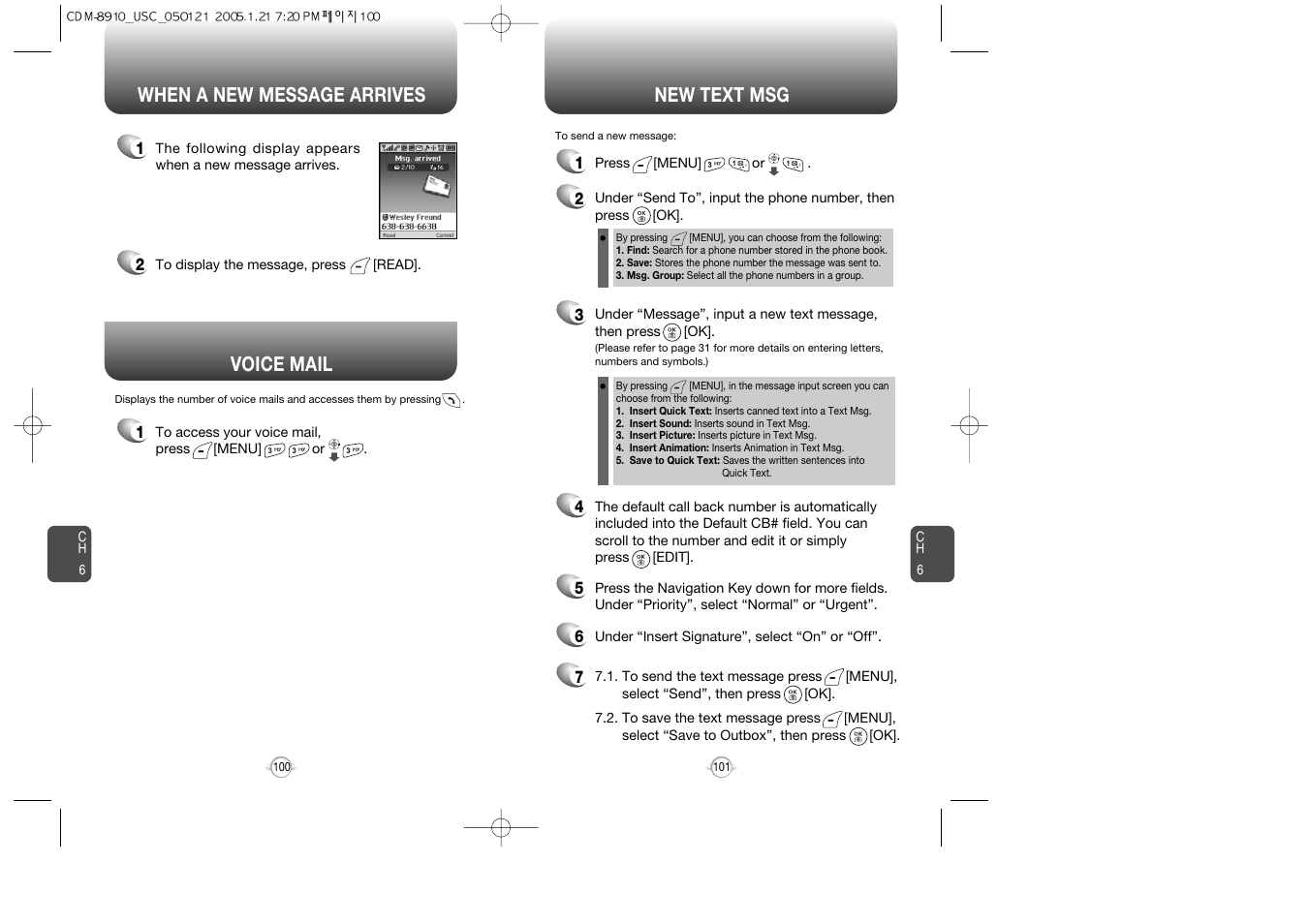 Voice mail, When a new message arrives new text msg | Audiovox CDM-8910 User Manual | Page 51 / 69