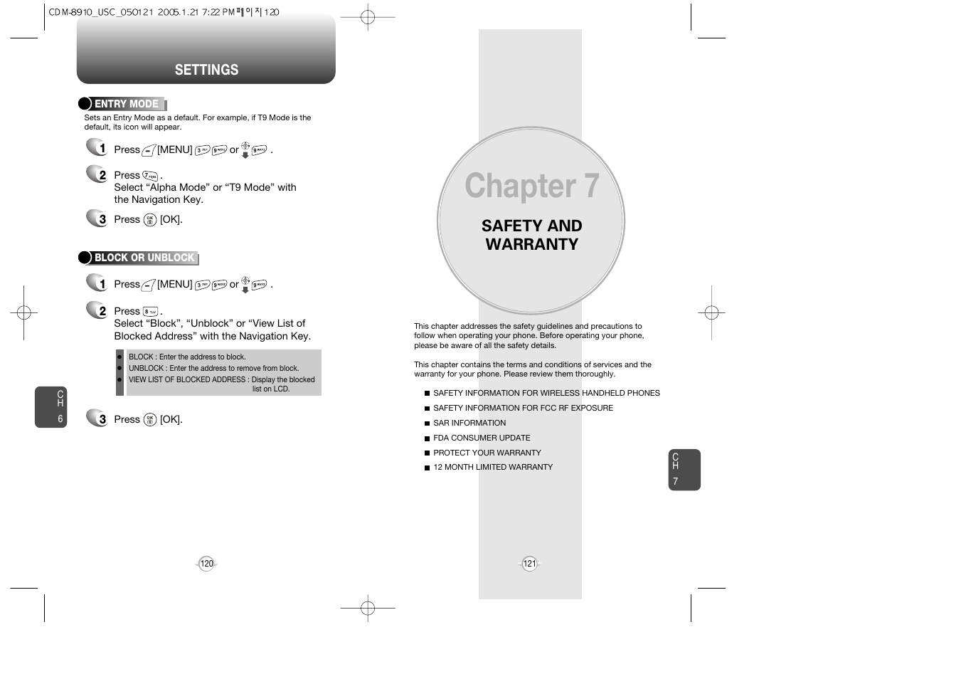 Chapter 7, Safety and warranty, Settings | Audiovox CDM-8910 User Manual | Page 61 / 69