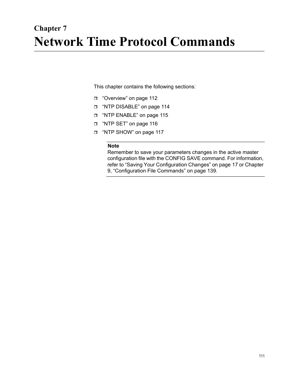 Chapter 7, Network time protocol commands, R 7: network time protocol commands | Allied Telesis AT-S97 User Manual | Page 111 / 242