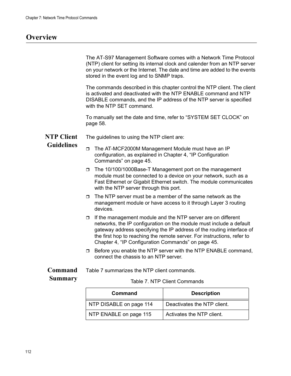 Overview, Ntp client guidelines, Command summary | Ntp client guidelines command summary, Table 7: ntp client commands | Allied Telesis AT-S97 User Manual | Page 112 / 242