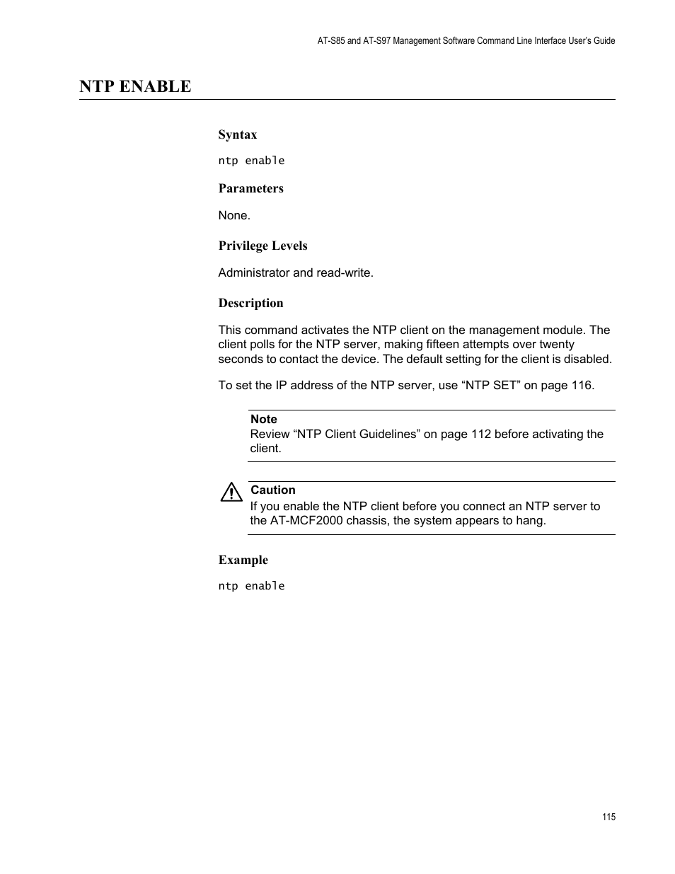 Ntp enable | Allied Telesis AT-S97 User Manual | Page 115 / 242