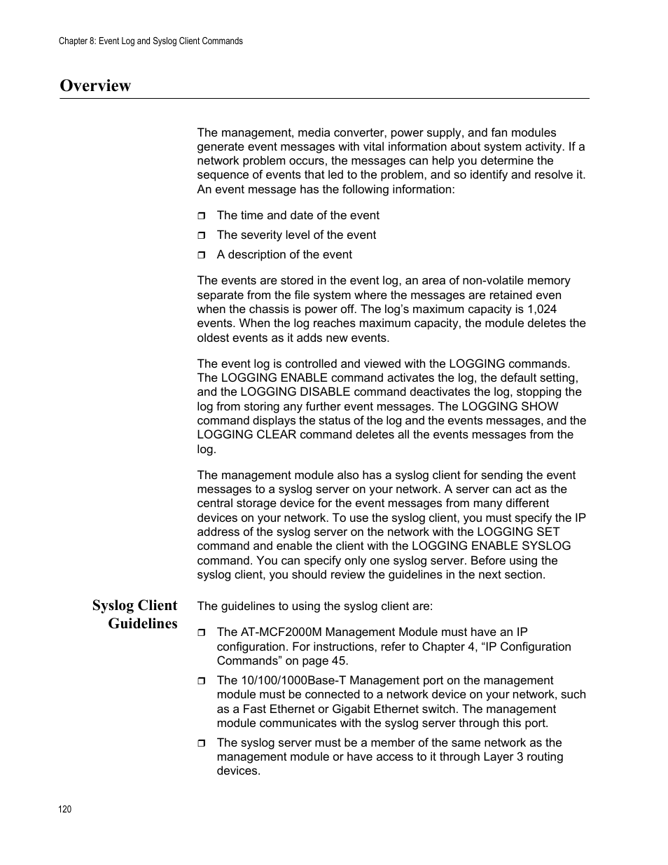 Overview, Syslog client guidelines | Allied Telesis AT-S97 User Manual | Page 120 / 242