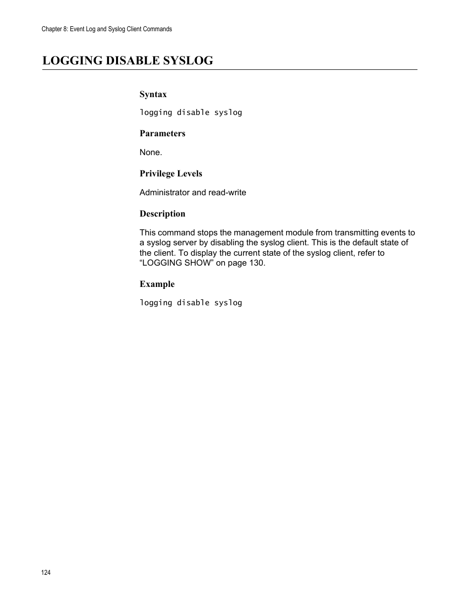 Logging disable syslog | Allied Telesis AT-S97 User Manual | Page 124 / 242