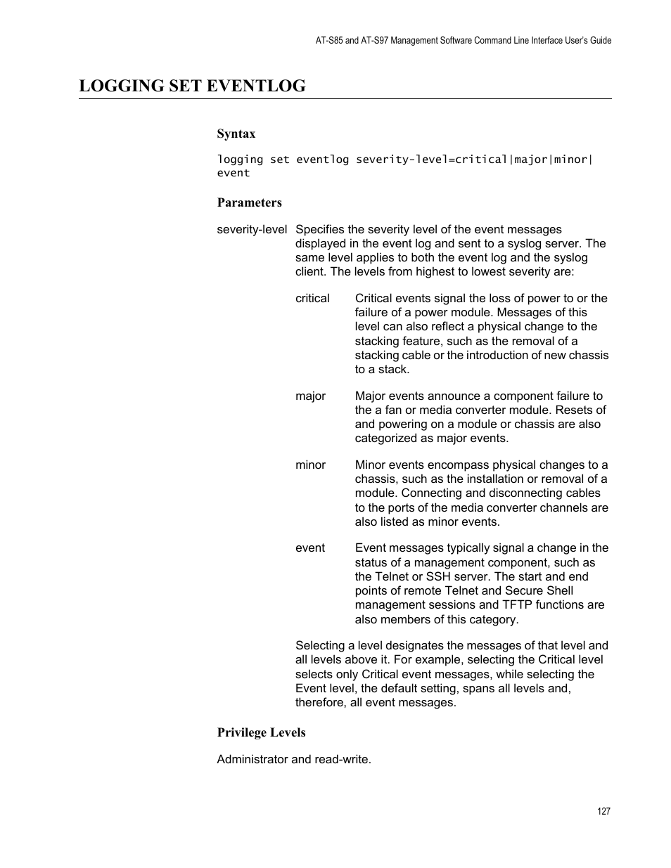 Logging set eventlog | Allied Telesis AT-S97 User Manual | Page 127 / 242