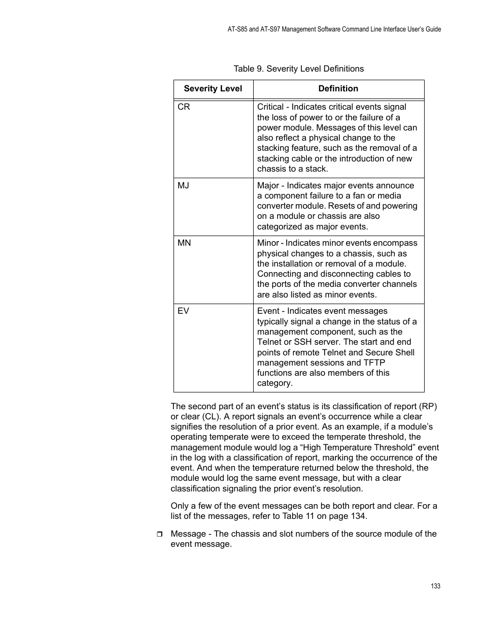 Table 9: severity level definitions | Allied Telesis AT-S97 User Manual | Page 133 / 242