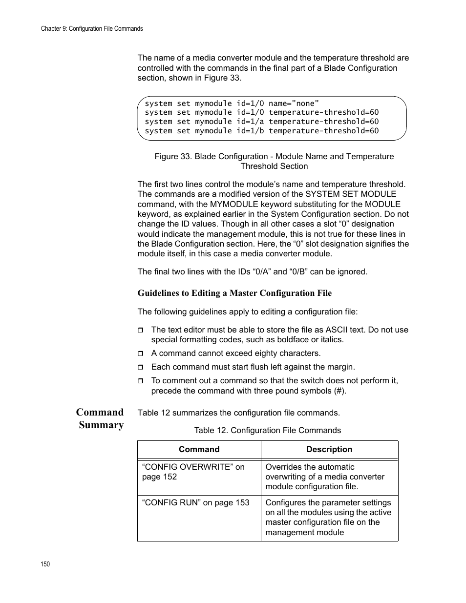 Command summary, Table 12: configuration file commands | Allied Telesis AT-S97 User Manual | Page 150 / 242