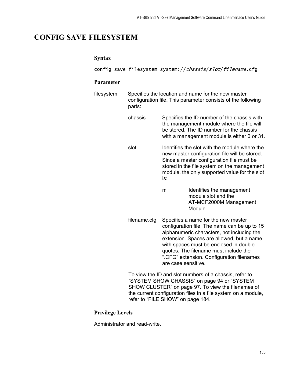 Config save filesystem | Allied Telesis AT-S97 User Manual | Page 155 / 242