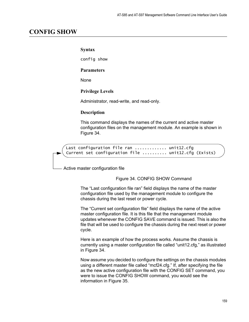 Config show, Figure 34: config show command | Allied Telesis AT-S97 User Manual | Page 159 / 242