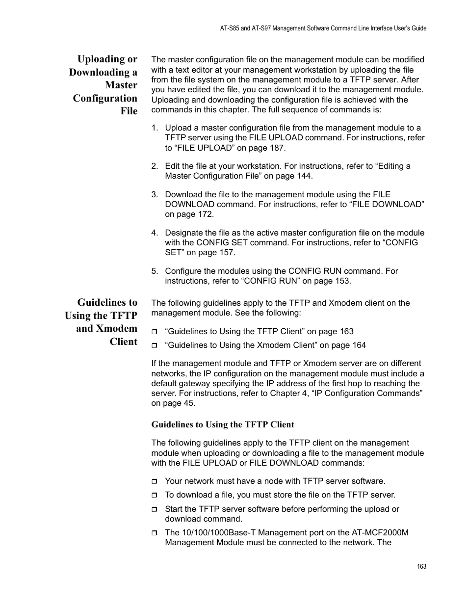 Guidelines to using the tftp and xmodem client | Allied Telesis AT-S97 User Manual | Page 163 / 242