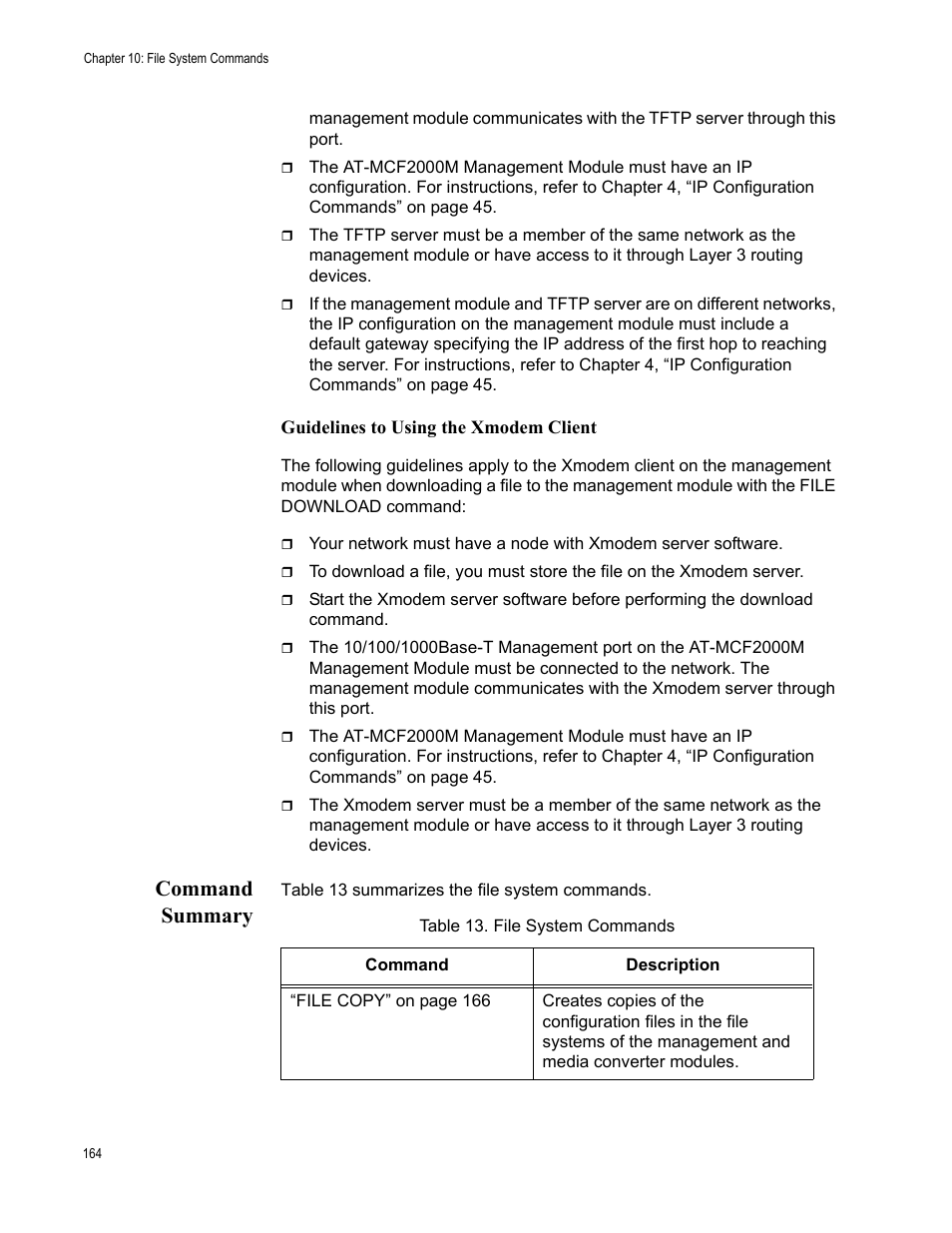 Command summary, Table 13: file system commands | Allied Telesis AT-S97 User Manual | Page 164 / 242