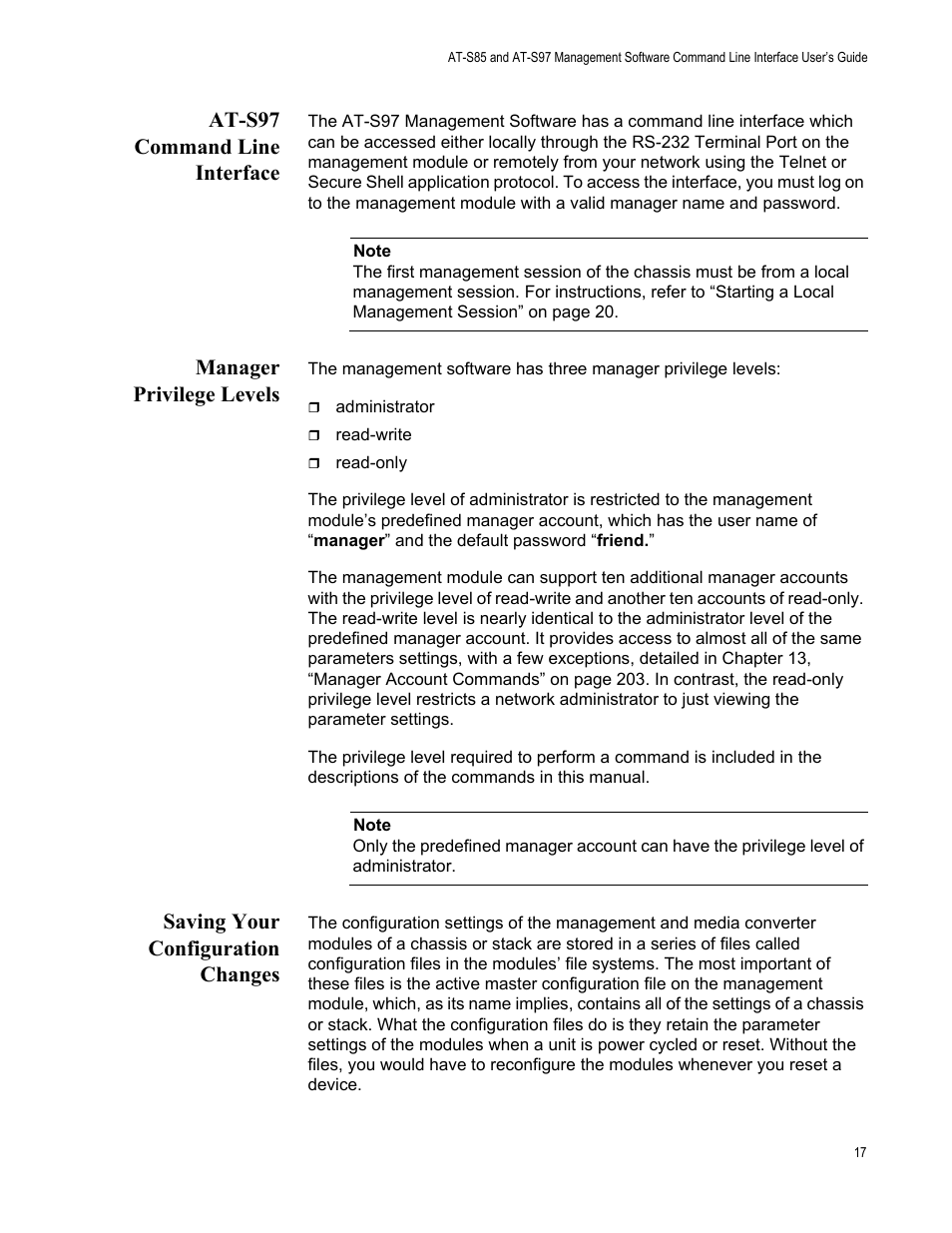 At-s97 command line interface, Manager privilege levels, Saving your configuration changes | Allied Telesis AT-S97 User Manual | Page 17 / 242