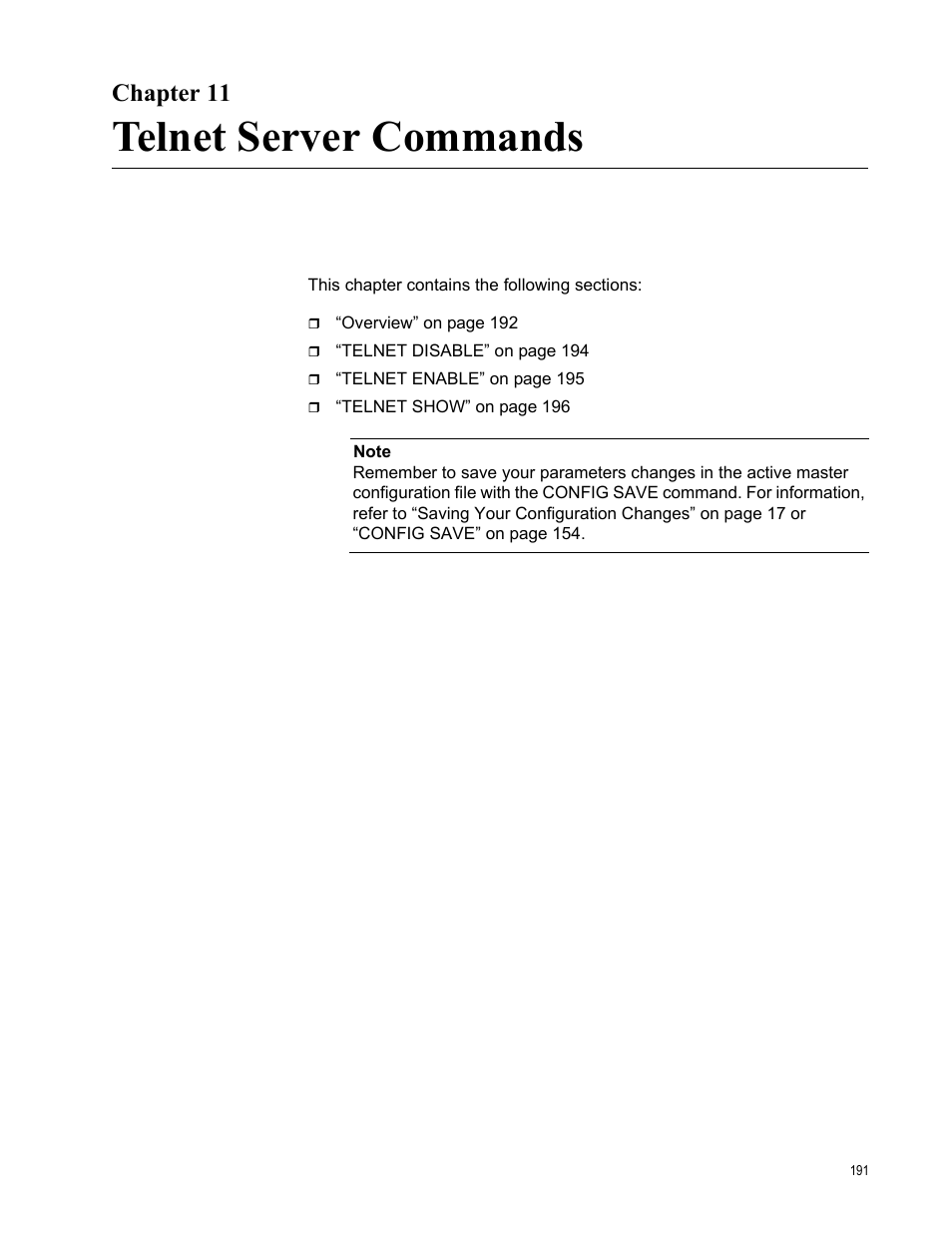 Chapter 11, Telnet server commands, Chapter 11: telnet server commands | Allied Telesis AT-S97 User Manual | Page 191 / 242