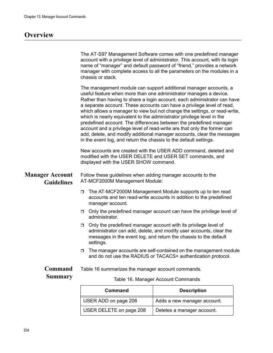Overview, Manager account guidelines, Command summary | Manager account guidelines command summary, Table 16: manager account commands | Allied Telesis AT-S97 User Manual | Page 204 / 242