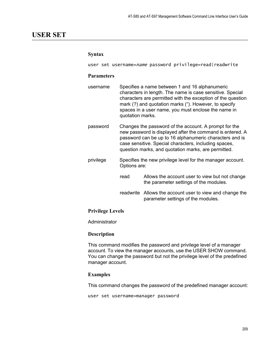 User set | Allied Telesis AT-S97 User Manual | Page 209 / 242