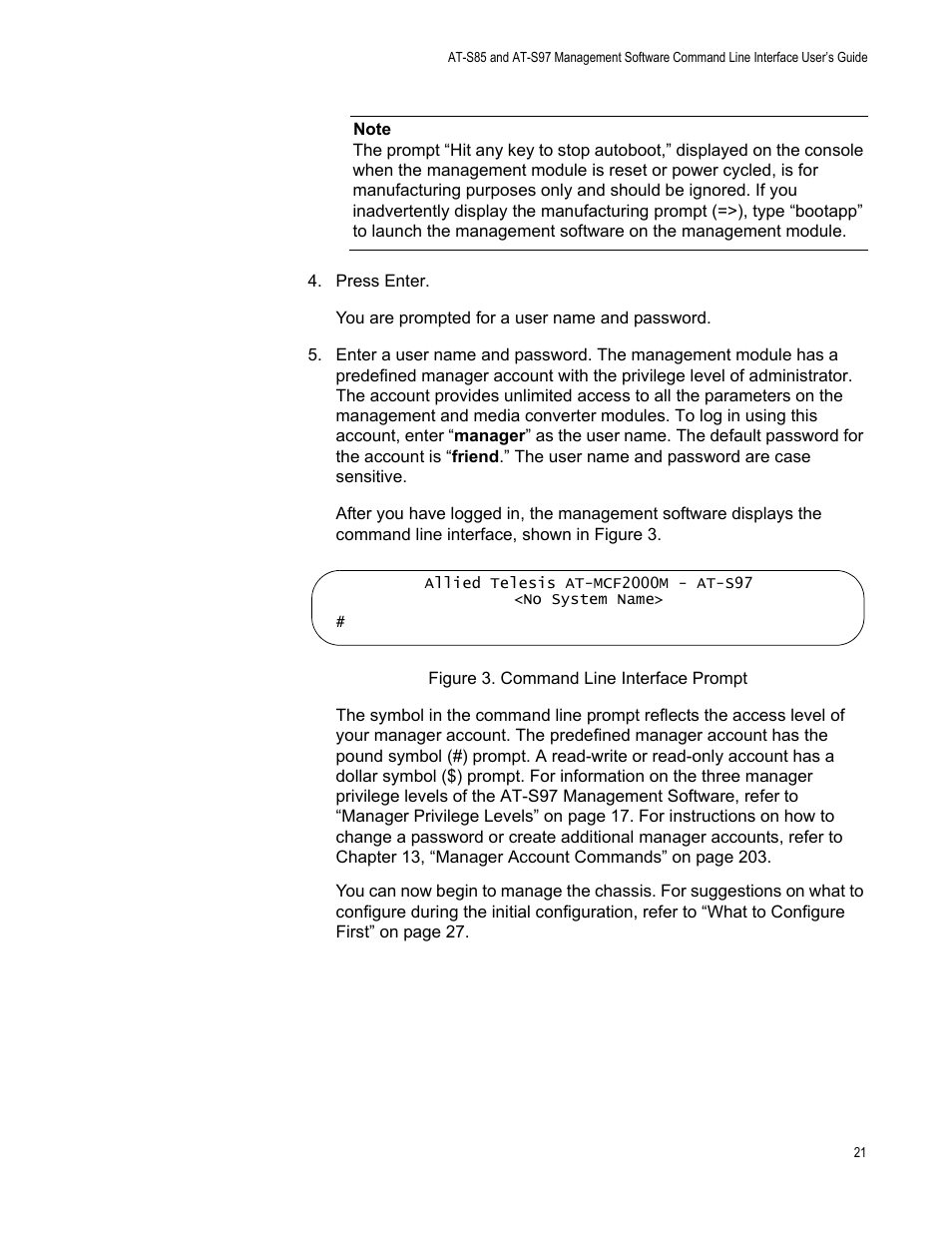 Figure 3: command line interface prompt | Allied Telesis AT-S97 User Manual | Page 21 / 242