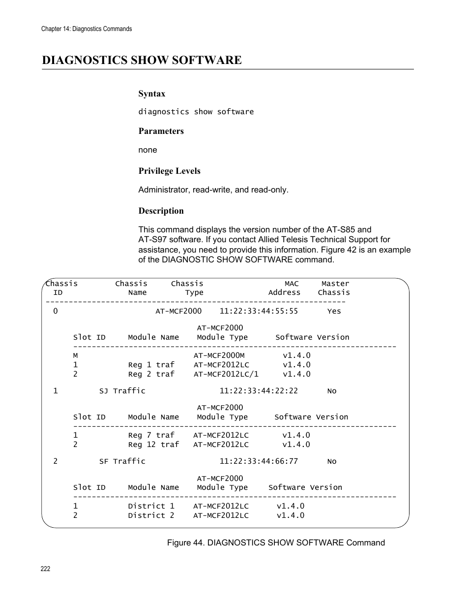 Diagnostics show software, Diagnostics show software command | Allied Telesis AT-S97 User Manual | Page 222 / 242