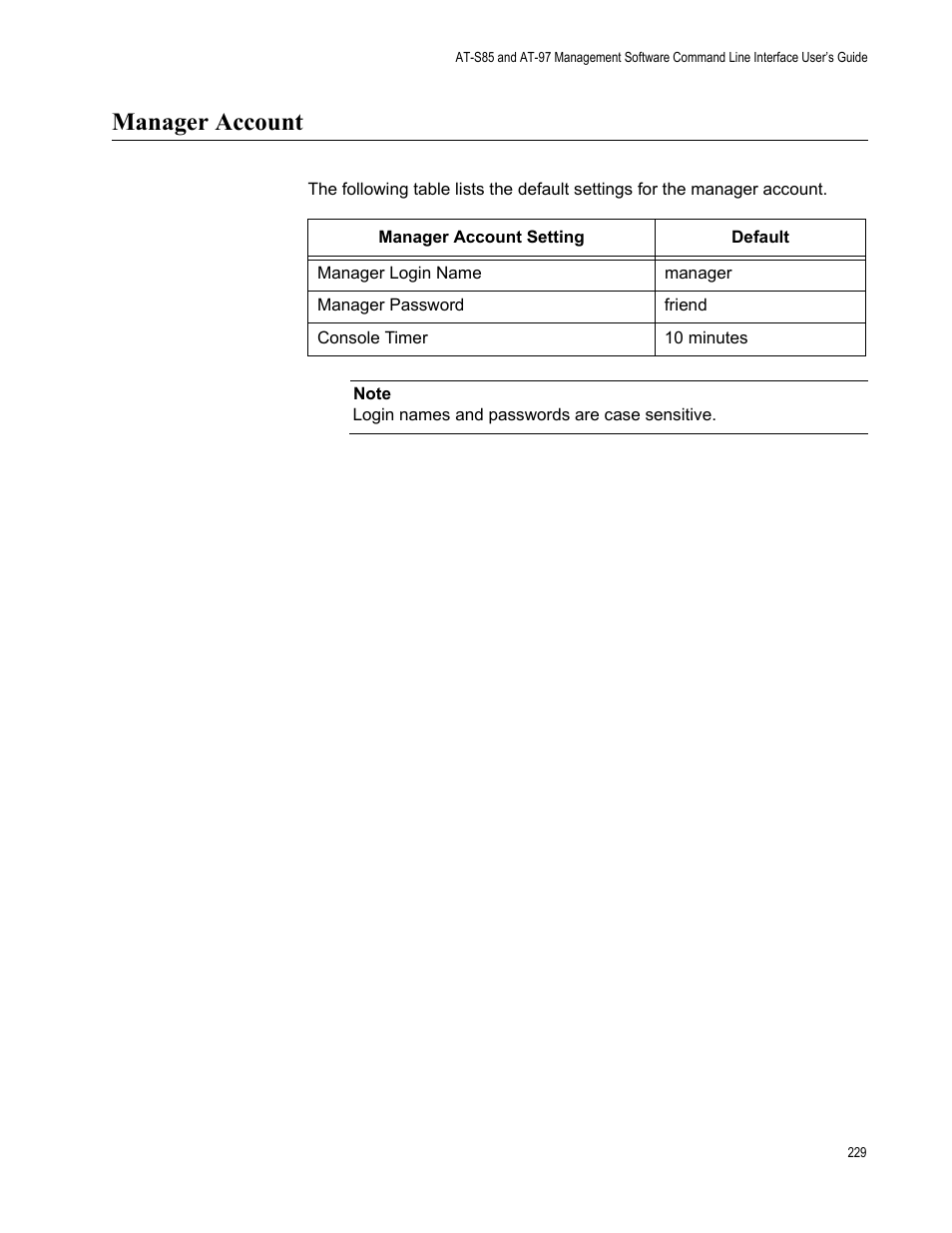 Manager account | Allied Telesis AT-S97 User Manual | Page 229 / 242