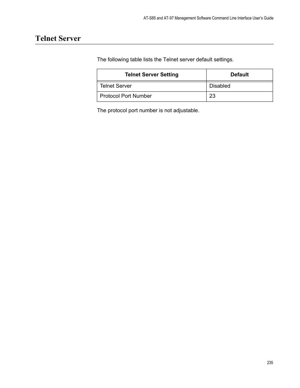 Telnet server | Allied Telesis AT-S97 User Manual | Page 235 / 242