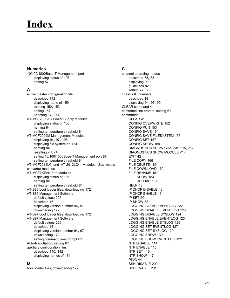 Index, Numerics | Allied Telesis AT-S97 User Manual | Page 237 / 242