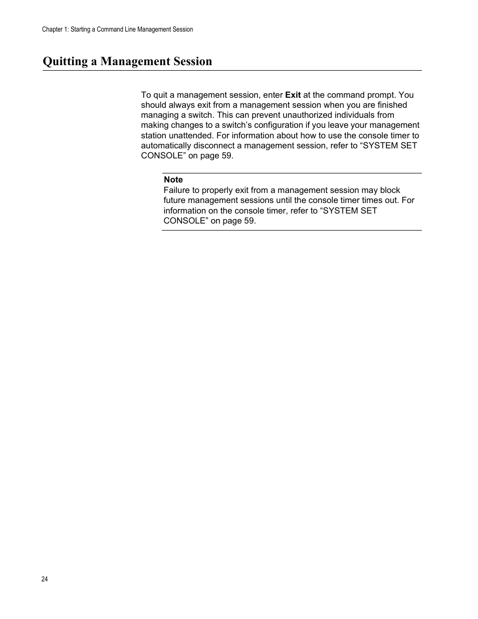 Quitting a management session | Allied Telesis AT-S97 User Manual | Page 24 / 242