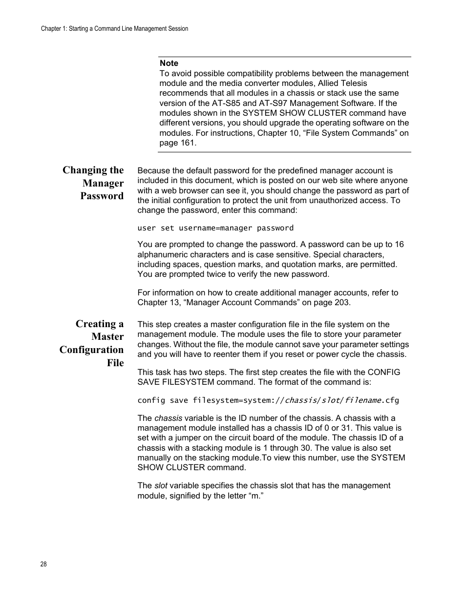 Changing the manager password, Creating a master configuration file | Allied Telesis AT-S97 User Manual | Page 28 / 242
