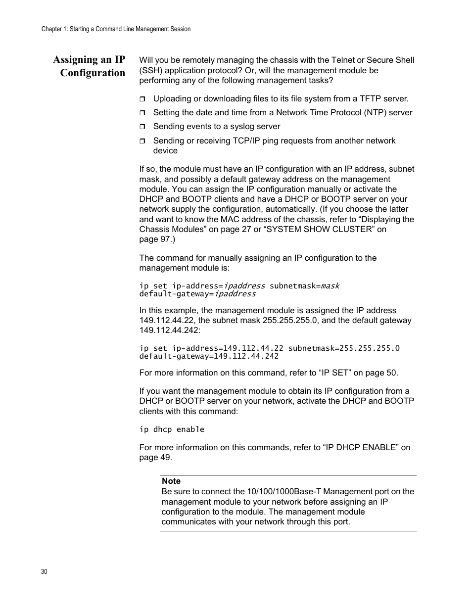 Assigning an ip configuration | Allied Telesis AT-S97 User Manual | Page 30 / 242