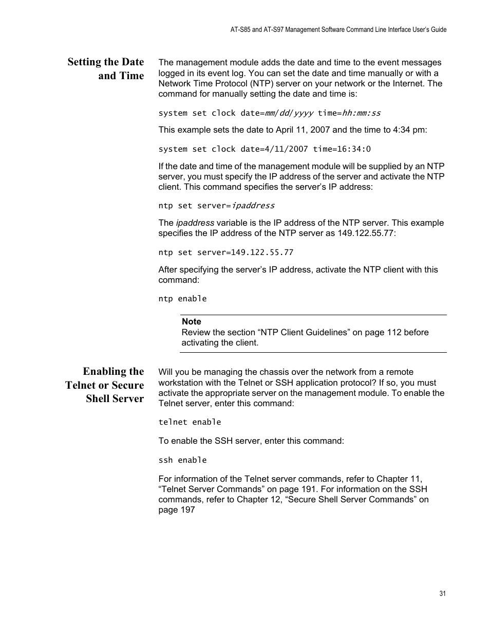 Setting the date and time, Enabling the telnet or secure shell server | Allied Telesis AT-S97 User Manual | Page 31 / 242