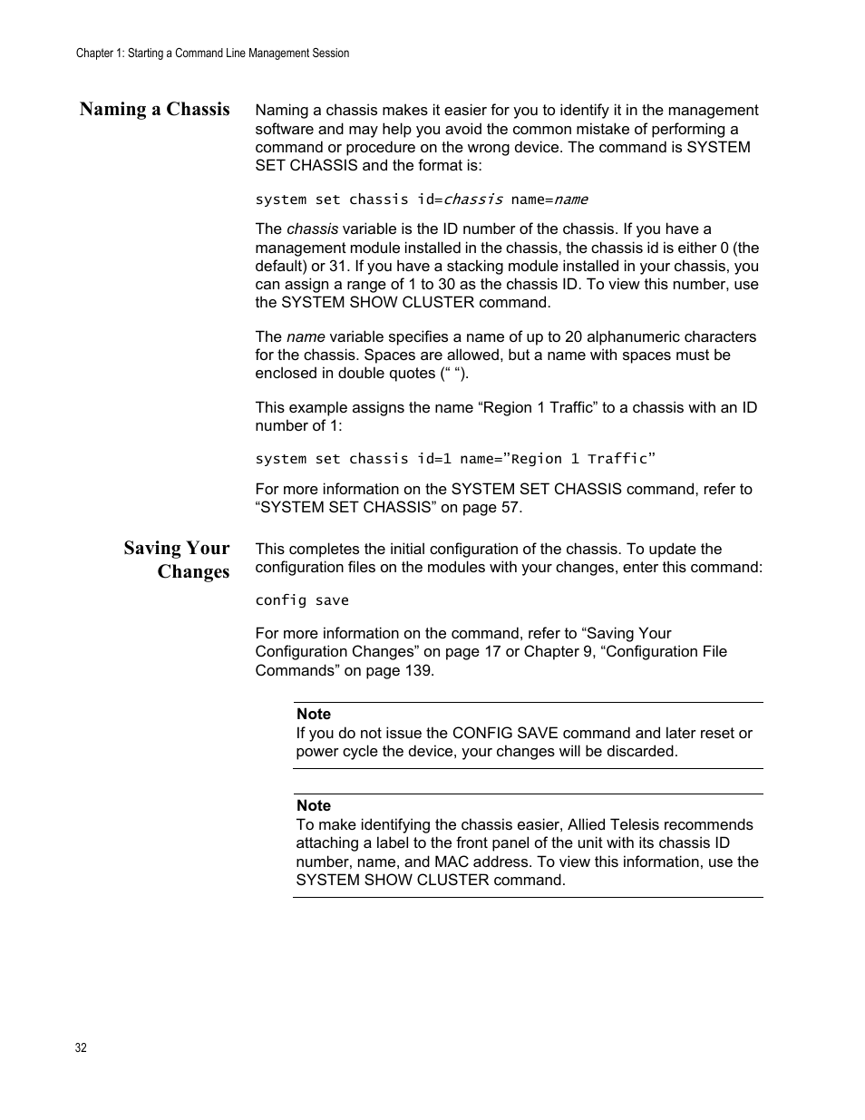 Naming a chassis, Saving your changes, Naming a chassis saving your changes | Allied Telesis AT-S97 User Manual | Page 32 / 242