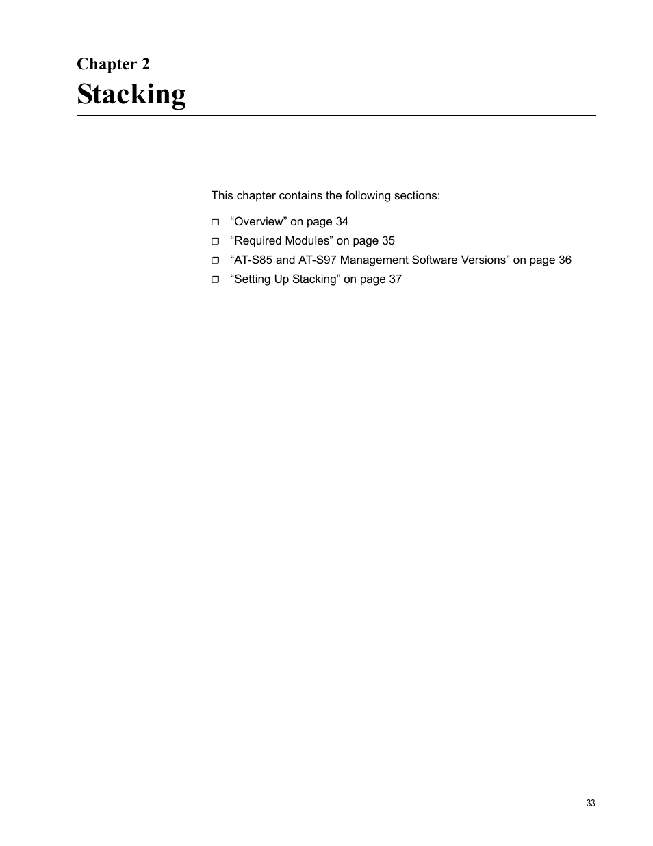 Chapter 2, Stacking, R 2: stacking | Allied Telesis AT-S97 User Manual | Page 33 / 242